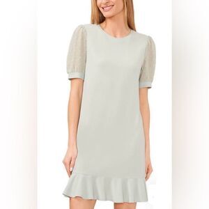 New CeCe Light Sage Crew Neck Short Puff Sleeve Dress with Flounce Seam L